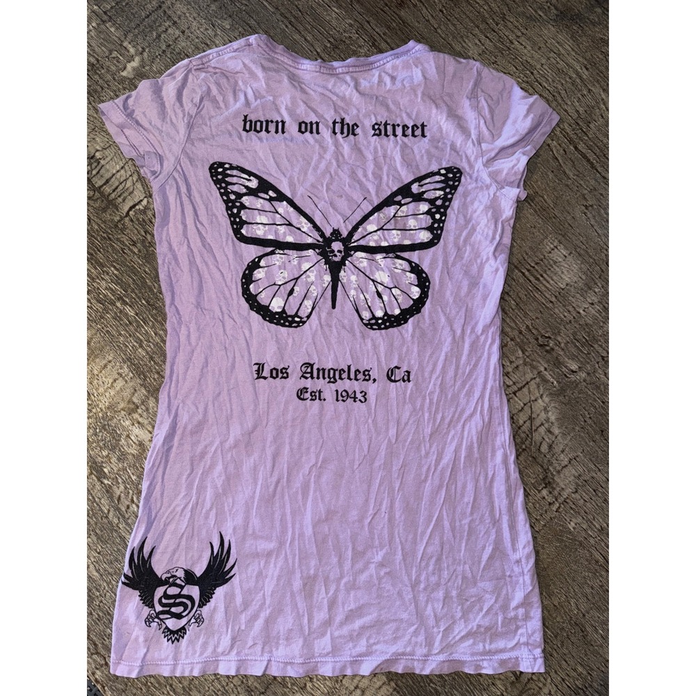 Vintage Smet by Christian Audigier Lavender Butterfly Graphic Tee Gothic Y2K M